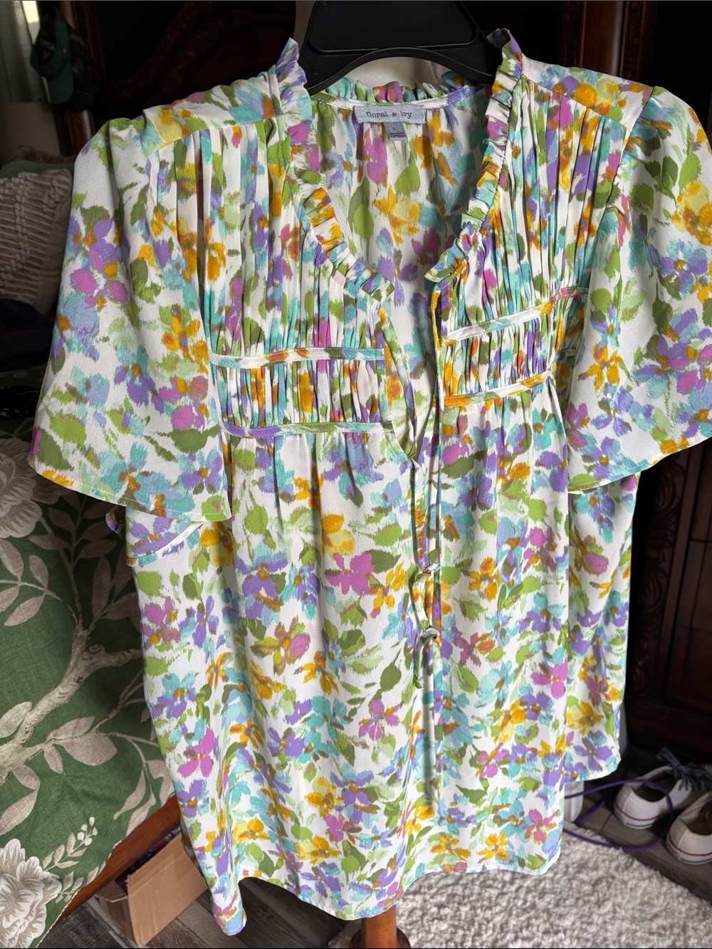 Floral Ruffle-Trim Womens Blouse - White Multi